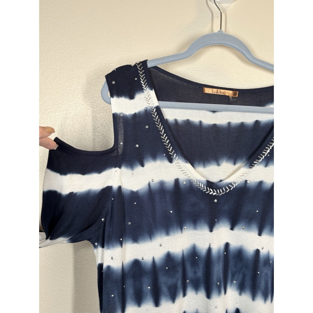Belldini Beaded Cold Shoulder 3/4 Sleeve Top 2XL Blue Tie Dye